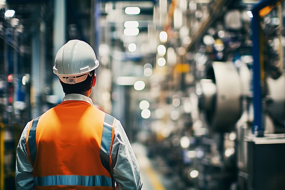 Técnico de capacete e colete de segurança em corredor de fábrica
