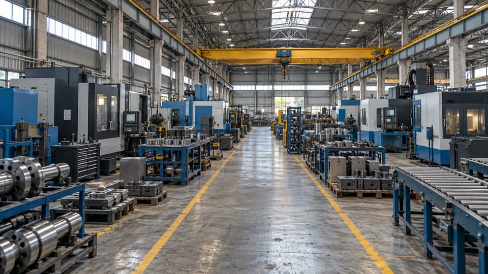 Galpão industrial metalmecânico com centros de usinagem, peças em paletes e ponte rolante