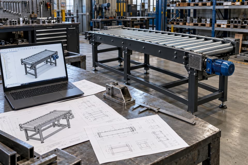 Transportador de roletes fabricado, ao lado do modelo 3D no notebook e dos desenhos técnicos impressos